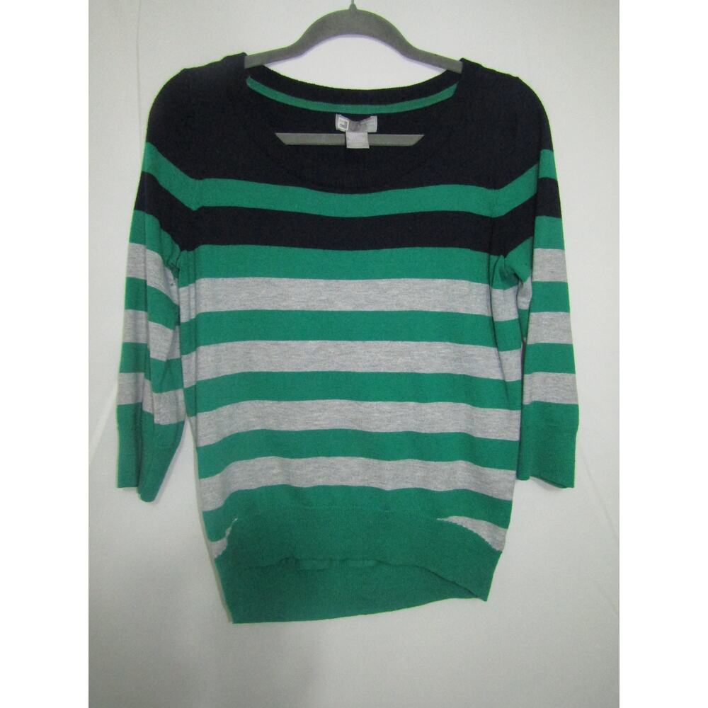 JCP‎ Cashmere Blend Women's M Sweater Striped Green Gray Navy Pullover
